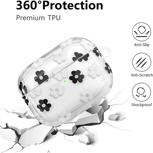 Miniatura 3 de Funda compatible con AirPods Pro 2 2022, TPU suave con bonito patrón de flores para AirPods Pro de 2ª/1ª generación con llavero de flores y Negro