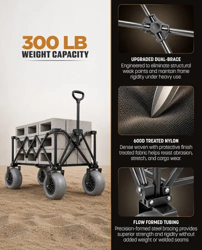 Miniatura 5 de Carro de playa con ruedas grandes para arena, carrito utilitario con marco de acero todo terreno con neumáticos de 9 pulgadas, diseño plegable