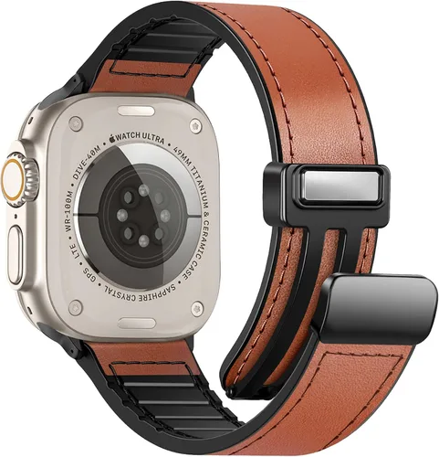 Miniatura 25 de Correas de cuero magnéticas compatibles con Apple Watch 42mm (Serie 10/11) 41mm 40mm 38mm para hombres y mujeres, cuero genuino con hebilla