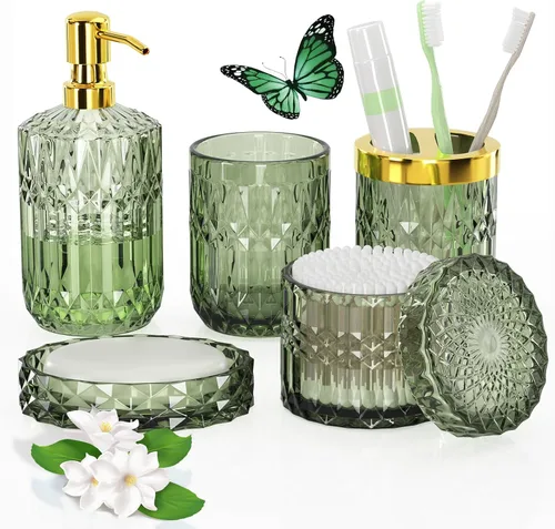 Miniatura 14 de Juego de accesorios de baño rosa intenso de vidrio 5 piezas, juego de baño rosa intenso, juego de dispensador de jabón y soporte para cepillo
