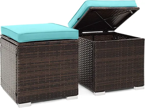 Miniatura 10 de Tangkula - 2 asientos otomanos de patio, mesa lateral de ratán PE tejido a mano de Patiojoy con cojín extraíble y espacio de almacenamiento oculto