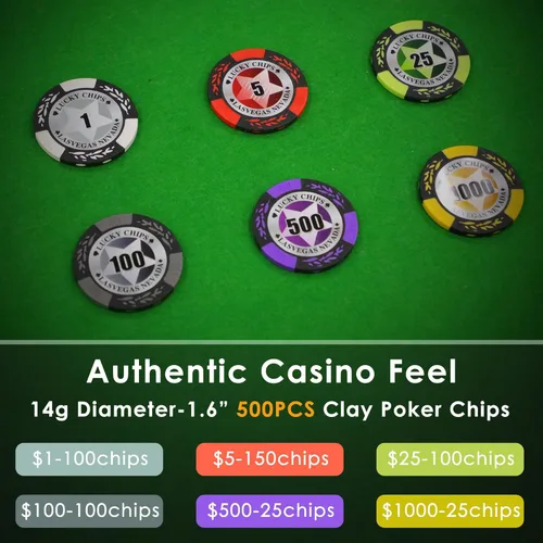 Miniatura 2 de ORIENGEAR Juego de fichas de póquer con denominaciones, viene con 500 fichas de casino compuestas de arcilla de 0.49 oz, 2 cartas, funda de aluminio