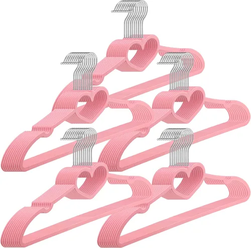 Miniatura 8 de Qunclay 50 piezas de perchas de terciopelo rosa brillante con forma de corazón, perchas antideslizantes de fieltro para ropa, percha de corazón