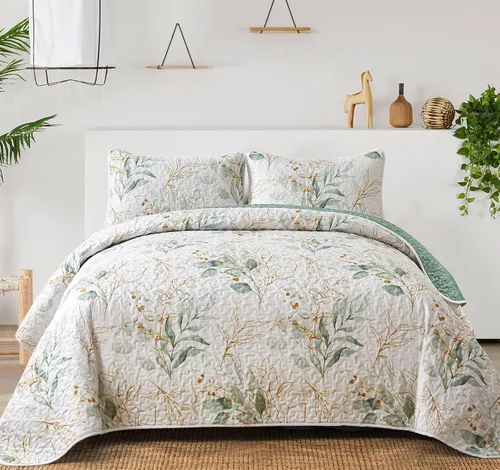 Miniatura 19 de Anibedding Juego de edredón azul tamaño King, 3 piezas reversible, elegante patrón de hojas botánicas azules, colcha de microfibra suave para toda