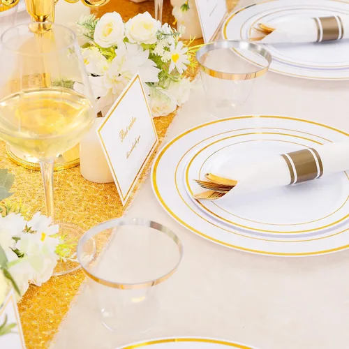 Miniatura 6 de DaYammi Juego de vajilla de plástico dorado de 350 piezas para 50 invitados, platos desechables elegantes para fiestas, incluye: 50 platos llanos