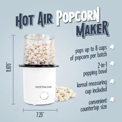 Miniatura 2 de Nostalgia Máquina de Palomitas de Aire Caliente de 8 Tazas y Tazón - Tazón y Tapa 2 en 1, Taza Medidora de 2 oz - Palomitas Sin Aceite para Noches