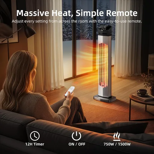 Miniatura 4 de Uthfy - Calentador eléctrico de patio al aire libre de 37 pulgadas, calentador infrarrojo de 1500 W con control remoto, temporizador de 12H