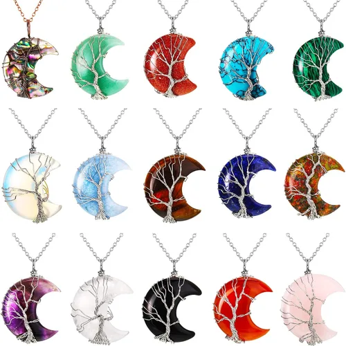 Sherr 15 collares de luna creciente de árbol de la vida, collares de cristal curativo, envoltura de alambre, piedras preciosas naturales, colgante