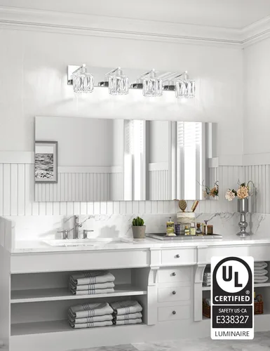 Miniatura 6 de VOLISUN Luces de tocador de cristal – 4 luces modernas de acero inoxidable para baño sobre espejo, acabado cromado – Certificado UL