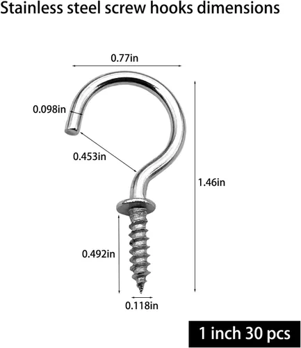 Miniatura 2 de 30 ganchos de techo de acero inoxidable (304) con tornillos de 1 pulgada, ganchos de luz atornillados