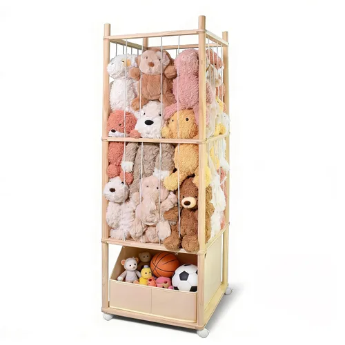Miniatura 8 de Almacenamiento de animales de peluche, almacenamiento de zoológico de animales de peluche de madera con ruedas de freno, organizador de juguetes
