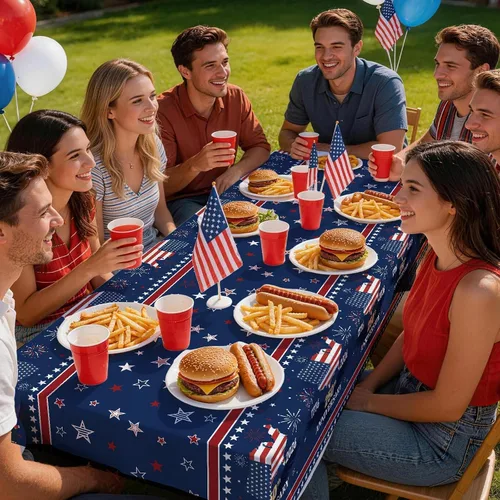 Miniatura 7 de 3 manteles de plástico de 54 x 108 pulgadas, manteles de plástico desechables rectangulares para el Día de la Independencia de Estados Unidos