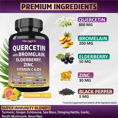 Miniatura 2 de StrongVit Quercetina con bromelina, saúco, vitamina C, D3 y zinc. Suplemento de apoyo súper inmunológico. Complejo orgánico para hombres y mujeres