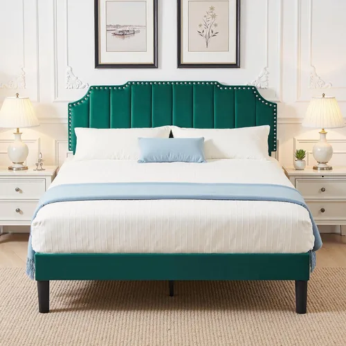 Miniatura 13 de VECELO Base de cama tapizada de terciopelo tamaño Queen con ribete de clavos, cabecera ajustable en altura copetuda, cama vintage con listones