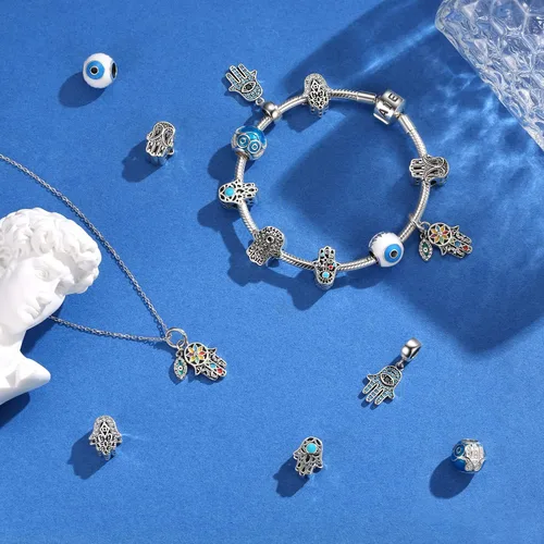 Miniatura 6 de AIEGNOS Dijes de Hamsa de mal de ojo para pulsera collar de plata de ley 925 cuentas de mal de ojo de Fátima para manos de serpiente europea