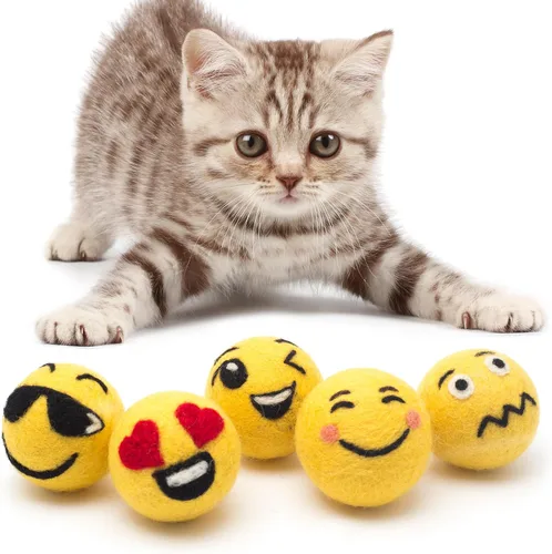 Miniatura 6 de Glaciart One Juguete de lana con emoji para gatos, 5 piezas con hierba gatera, enriquecimiento suave y mullido, juguete para gatos de fieltro 100%