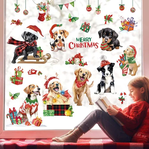 Miniatura 3 de decalmile Adhesivos de ventana de Navidad para perros y cachorros, reutilizables, para mascotas, perros, Navidad, doble cara, impresos, calcomanías