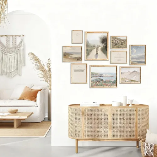 Miniatura 2 de TWNSLLA Juego de Arte de Pared Cristiano de 9 Piezas, Decoración de Pared con Versículos Clásicos de la Biblia, Cuadros Rústicos de Paisajes