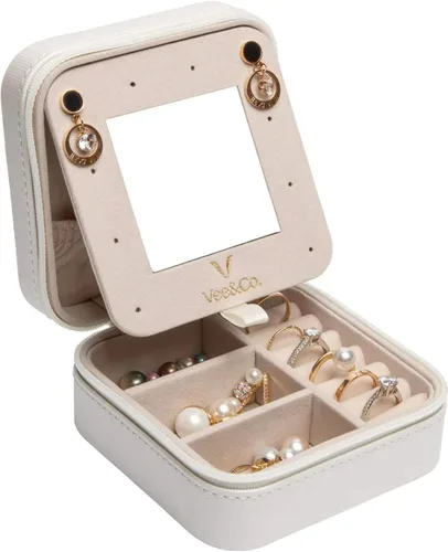 Vee - Joyero de viaje pequeño, organizador de joyas portátil con espejo, estuche de almacenamiento para aretes, anillos, collares, regalo para