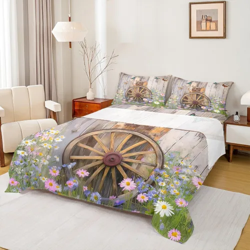 Miniatura 16 de Erosebridal Juego de sábanas rústicas de granja, tamaño individual, diseño de mariposa y girasol, para niños y adultos, estilo retro, grunge, verde