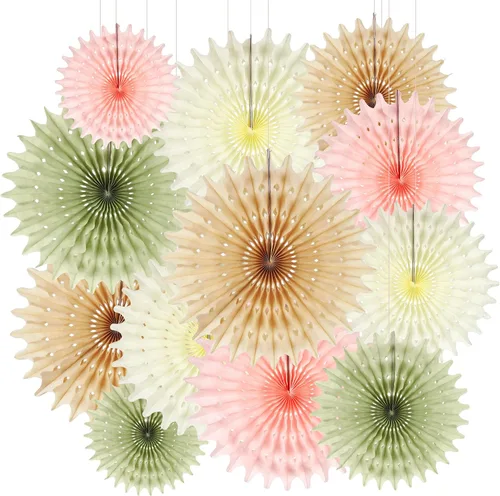 BestoFun 12PCS Beige Sage Green Hanging Paper Fans Decoration, Matte Thin Tissue Paper Honeycomb Fan Ornaments, Hanging Fans for Wedding, Birthday,