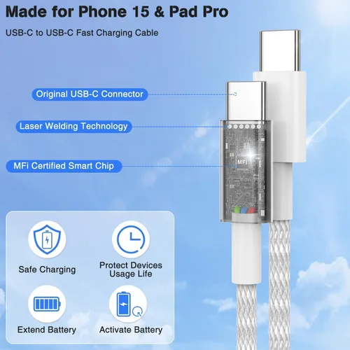 Miniatura 2 de Cargador para iPhone 17 y 16, carga rápida, tipo C, 20 W, USB C, bloque para iPad, con cable USB-C tejido de 6 pies, sincronización de datos de 60 W