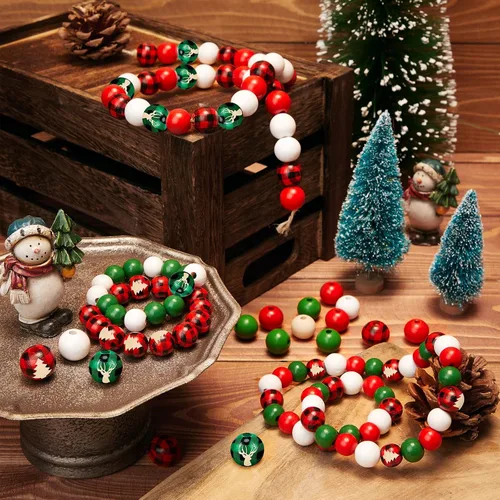 Miniatura 6 de 1000 cuentas de madera a cuadros de 0.472 pulgadas para manualidades, día de San Valentín, Navidad, joyería (rojo, verde, blanco, patrón múltiple)