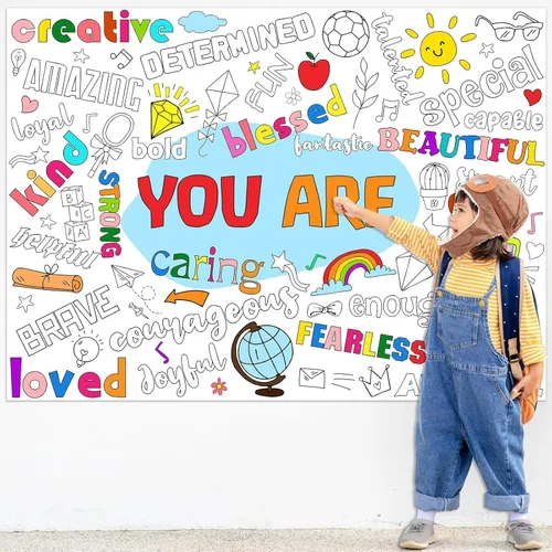 Miniatura 5 de Naozinebi Póster para colorear positivo para niños, póster gigante con texto en inglés "You Are Coloring", gran afirmaciones positivas, mantel