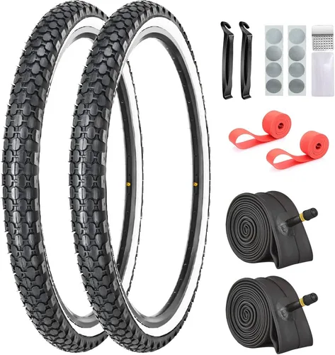 Paquete de 2 neumáticos de bicicleta Cruiser de 24 x 2.125, pared lateral blanca con kit de reparación, 2 tubos interiores, 2 palancas, 2 tiras de