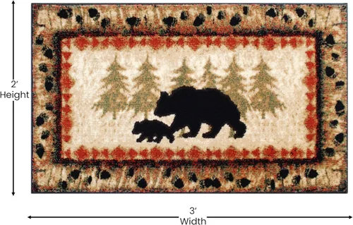 Miniatura 2 de EMMA + OLIVER Alfombra rústica con temática de cabaña o cabaña, diseño de oso y cachorro con árboles, 2 x 3 pies, borde con patrón de pista de oso
