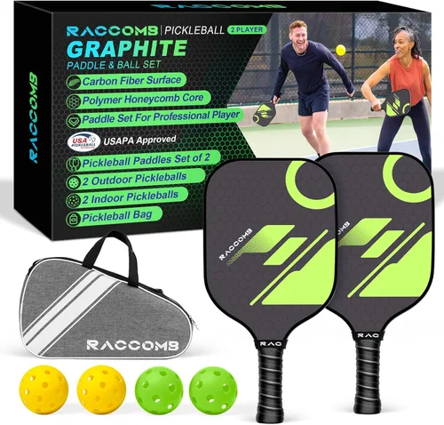 Paletas de pickleball de fibra de carbono, juego de 2 palas de pickleball de grafito, núcleo de panal de polímero, 4 bolas de pickleball, agarre