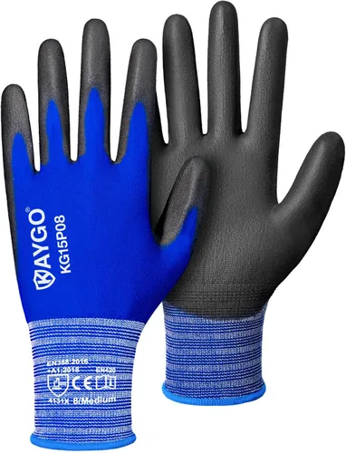 Miniatura 17 de KAYGO KG15P - Guantes de trabajo con revestimiento de poliuretano, nailon Lite, para la seguridad, revestimiento de poliuretano gris, muñeca de Azul