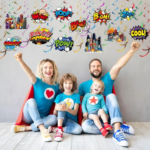Miniatura 5 de Sumind 54 carteles colgantes con temática de héroe de remolinos de acción de papel de aluminio para el techo, decoración de fiesta para niños, baby