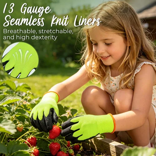 Miniatura 3 de HANDLANDY 3 pares de guantes de jardinería para niños sin látex, guantes de jardín para niños y niñas con revestimiento de nitrilo para niñas y Verde