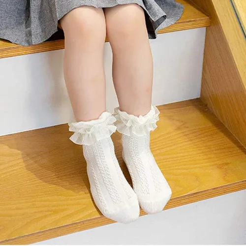 Miniatura 4 de Colorful Childhood Calcetines de encaje con volantes y ojales para bebés y niñas pequeñas, calcetines cortos de doble encaje para recién nacidosbebés