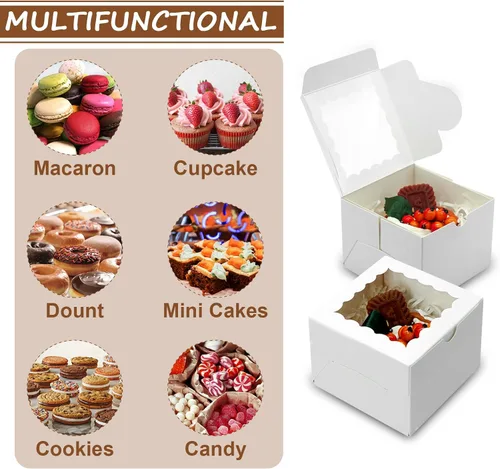 Miniatura 5 de XINHPKGG 50 cajas de galletas de 4 x 4 x 2.5 pulgadas, cajas de panadería con ventana, caja de postre para recuerdos de boda, fiesta, color blanco
