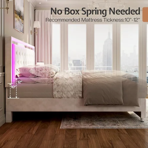 Miniatura 8 de Jocisland Base de cama matrimonial con cabecero y estribo de luces LED, tapizado de terciopelo, plataforma de tamaño matrimonial, no necesita Crema