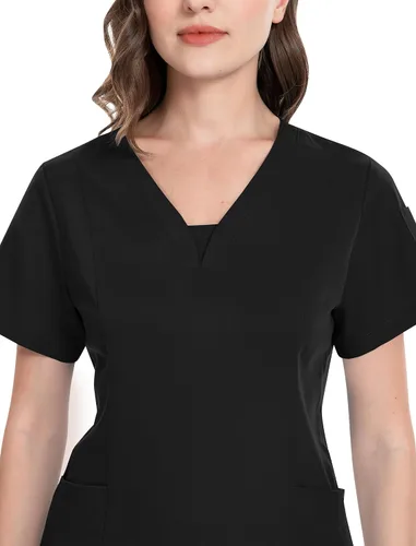 Miniatura 3 de niaahinn Conjunto de traje médico para mujer, moderno top con cuello en V y pantalones deportivos de pierna cónica con cordón de ajuste, conjunto