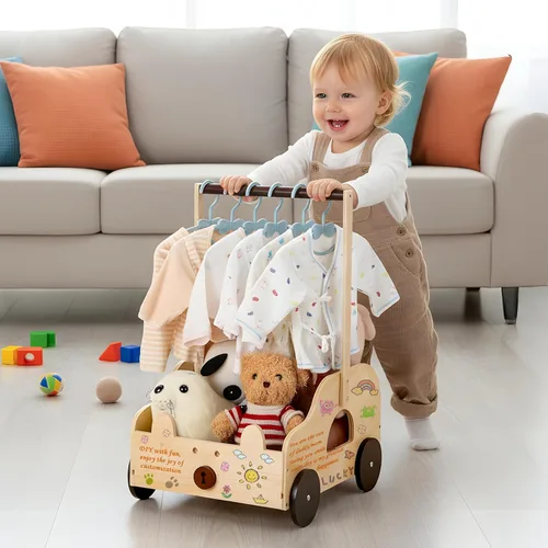 Miniatura 3 de Cesta de madera para baby shower con ruedas de diseño de oso, caja de almacenamiento personalizada con asa, cesta grande de regalo para recién