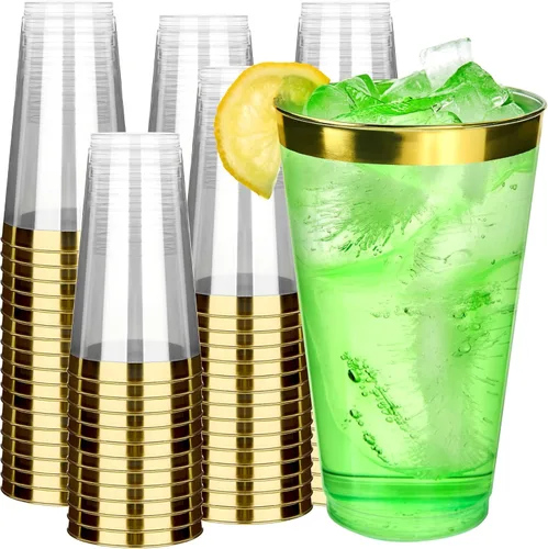Miniatura 24 de RACETOP Paquete de 200 vasos de plástico desechables de 14 onzas con borde dorado, vasos de plástico desechables con borde dorado para fiestas