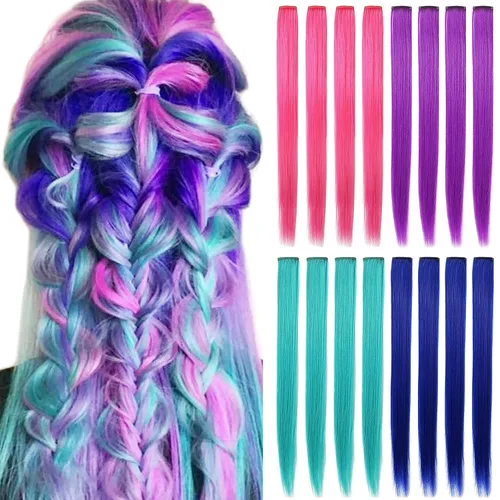 Miniatura 7 de 16 extensiones de cabello sintético multicolor de 21 pulgadas con clip para fiesta, accesorios para el cabello para niñas