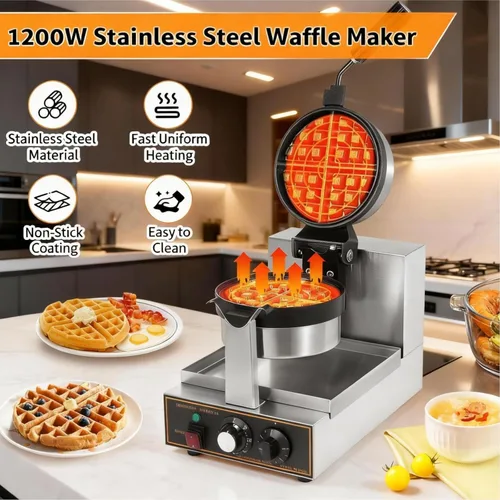 Miniatura 6 de WICHEMI Gofrera belga comercial gruesa, de hierro fundido redondo waflera giratoria, 180° Flip antiadherente Control de tiempo Temperatura ajustable