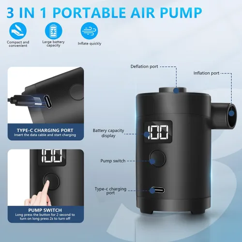 Miniatura 4 de Bomba de aire eléctrica portátil, carga tipo C, desinflado para flotadores de piscina, cama de aire, anillo de natación de colchón de aire, bolsas