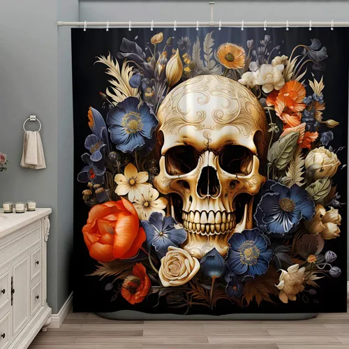 Cortina de ducha floral de calavera de Halloween, diseño de esqueleto, vintage, flores silvestres, plantas de jardín de primavera, azul, naranja,