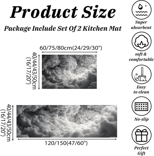Miniatura 2 de Kitchen Mats for Floor 2 Piece Set 3D Abstract Cloud Sea Non Slip Kitchen Rugs Washable Retro Geometric Space Floor Mats Charcoal Gray Area Rug