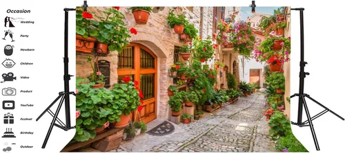 Miniatura 3 de Leyiyi Telón de fondo de flores de primavera de 9 x 6 pies con diseño de aliados de pueblo italiano, flores, arquitectura medieval, vacaciones