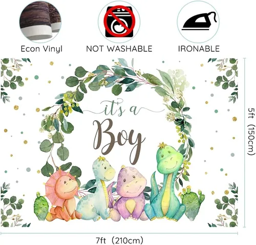 Miniatura 3 de Fondo de 7 x 5 pies con texto en inglés "It's a Boy" para baby shower, dinosaurio, cactus y hojas de eucalipto, fondo para fotografía, suministros