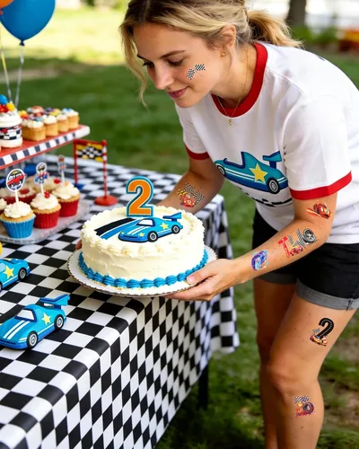 Miniatura 5 de 216 tatuajes temporales rápidos para decoraciones de fiestas temáticas de autos de carreras, 2 calcomanías rápidas y 2 de estilo curioso, tatuajes