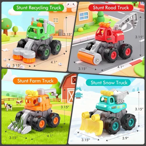 Miniatura 6 de ORWINE Coches de juguete para bebés, autos para niños y niñas, camiones de acrobacias accionados por fricción, 4 unidades de vehículos