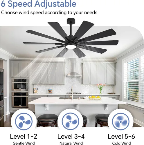 Miniatura 2 de Ventiladores de techo modernos con luces, ventilador de techo negro grande de 62 pulgadas con luz y control remoto, puerta/uso al aire libre
